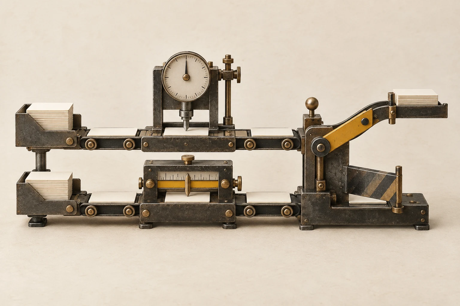 Two parallel paper-card test lanes pass through measuring instruments toward an open route and a blocked route marked by a yellow threshold.