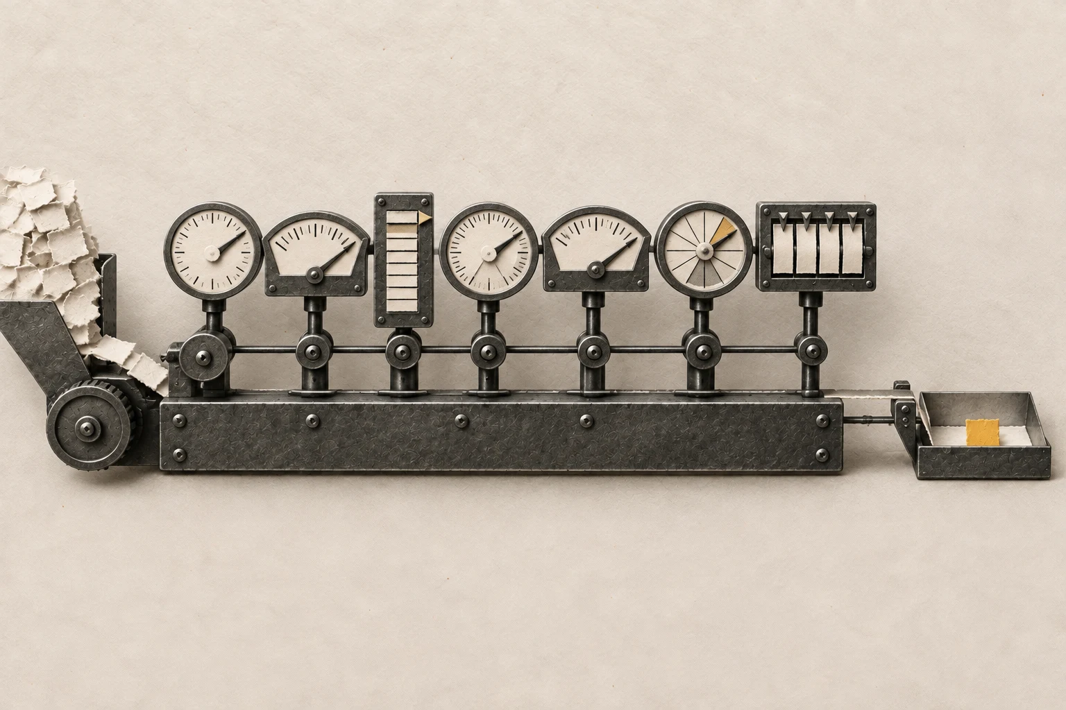 Seven mechanical gauges report high activity while a nearly empty output tray holds one verified yellow paper unit.