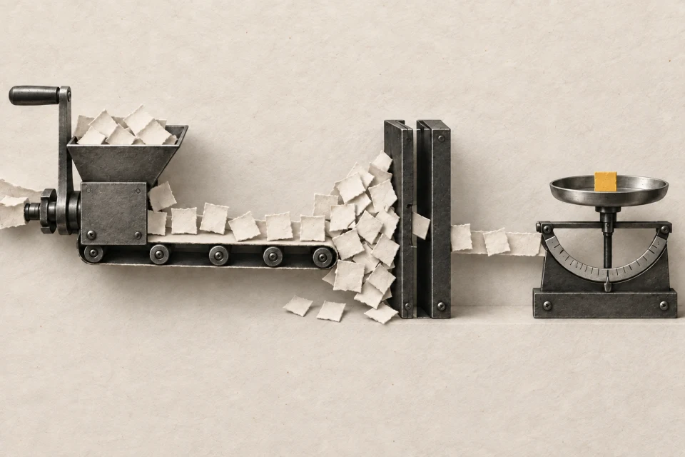 Paper work units pass through a mechanical bottleneck toward a balance, where one yellow unit reaches the value side.