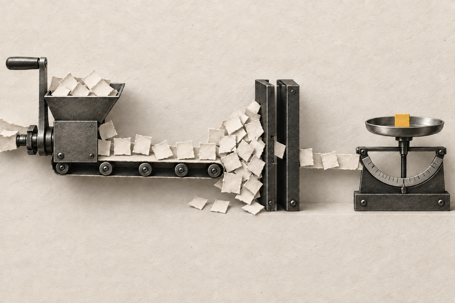 Paper work units pass through a mechanical bottleneck toward a balance, where one yellow unit reaches the value side.