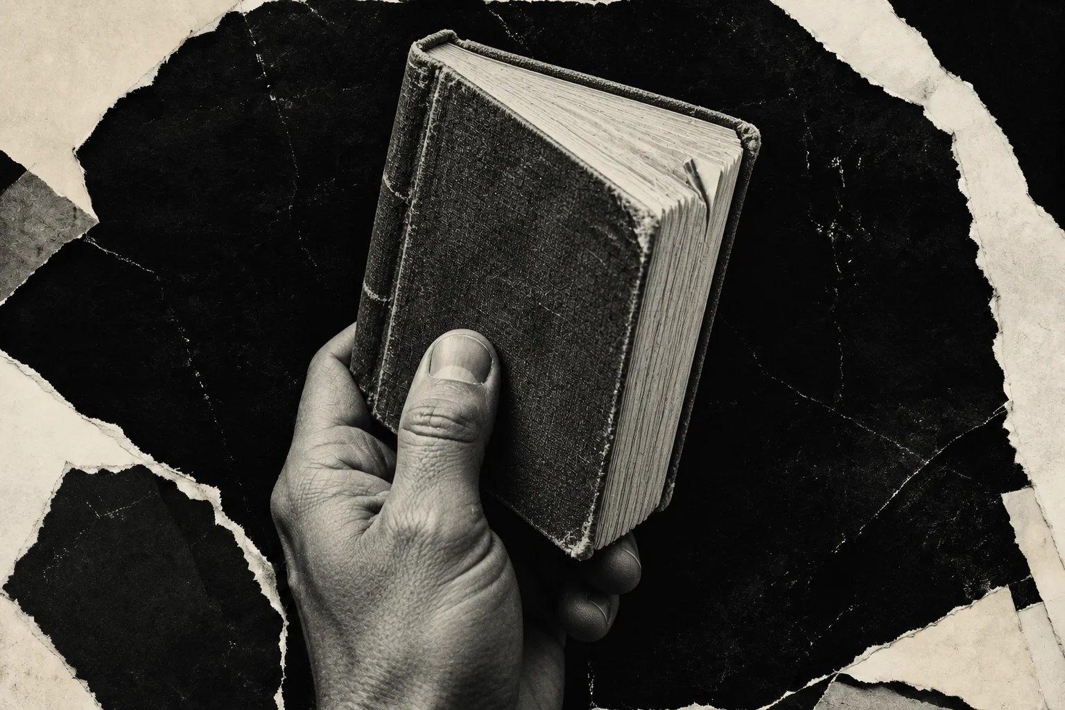 A hand holds a worn clothbound book against torn black-and-white photographic paper.
