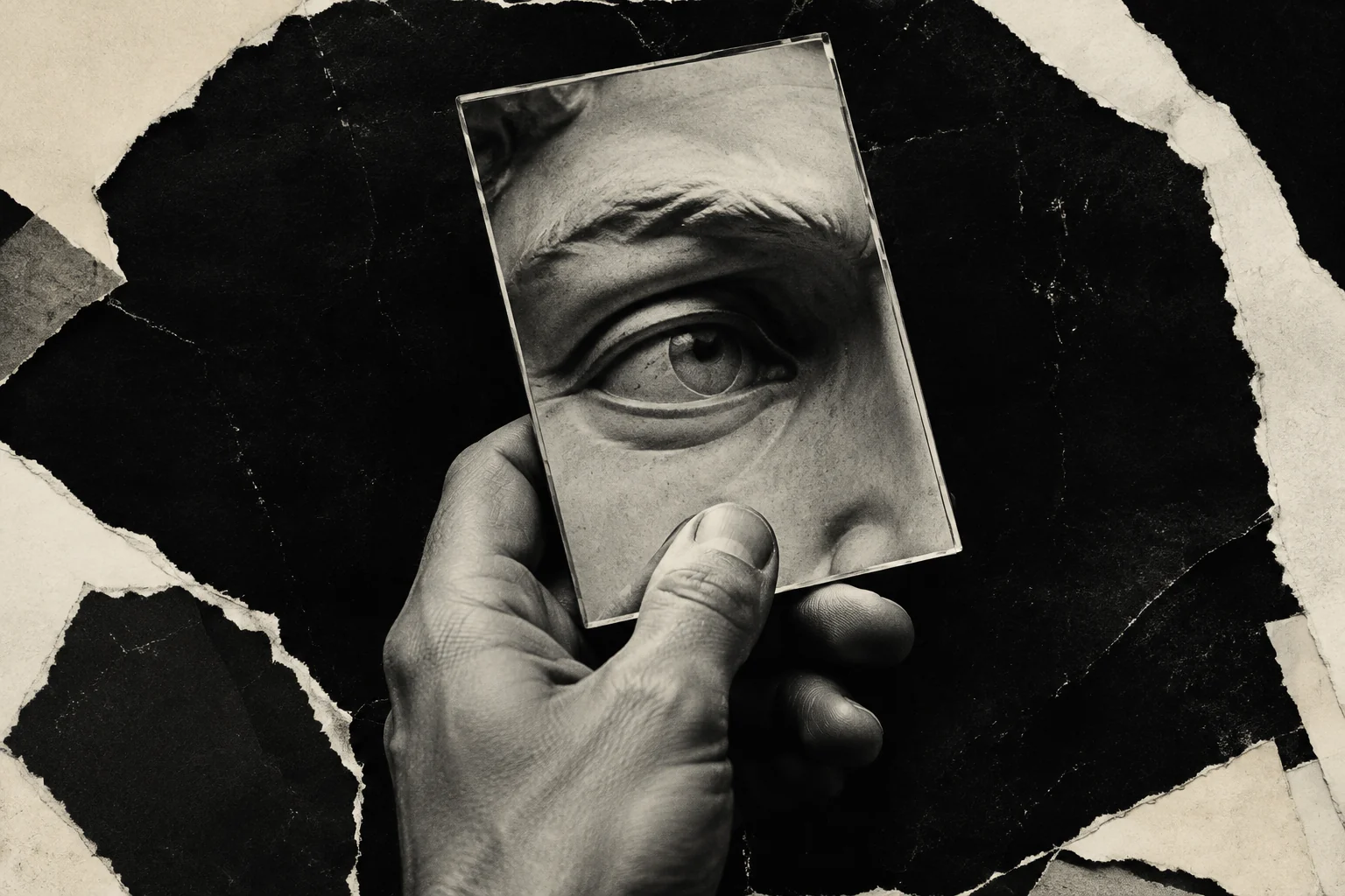 A hand holds a mirror reflecting the eye of a marble sculpture.