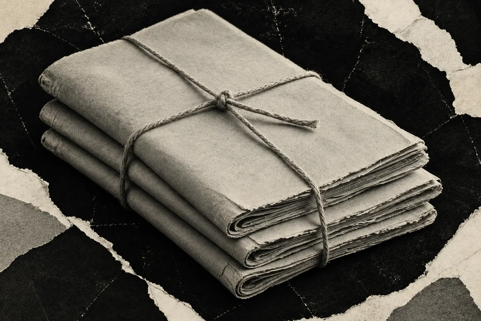 Three folded paper editions tied together with cotton twine.