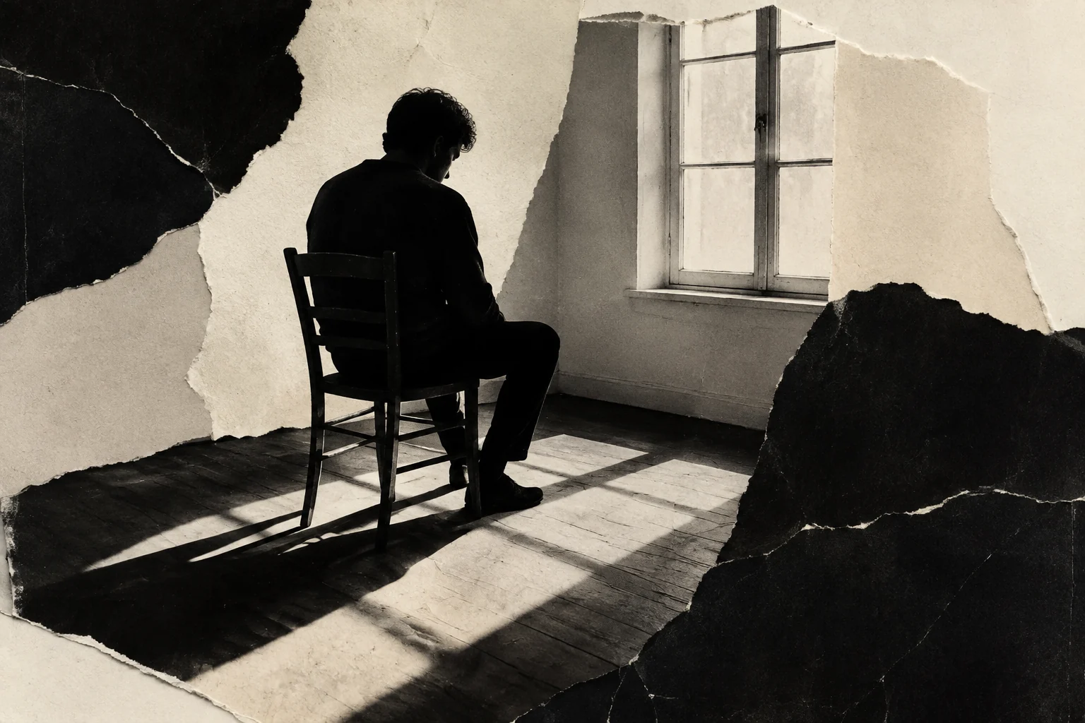 A human silhouette and a chair in a play of sunlight and shadow.