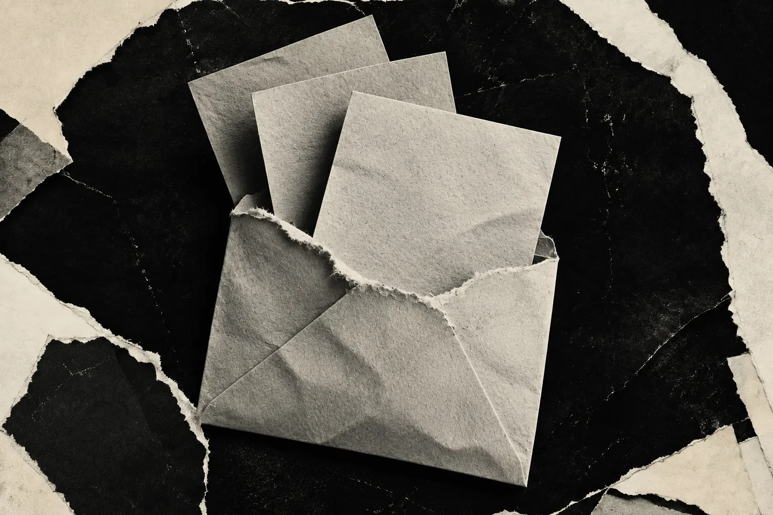 Three loose sheets emerge from a torn-open envelope in a black-and-white paper collage.