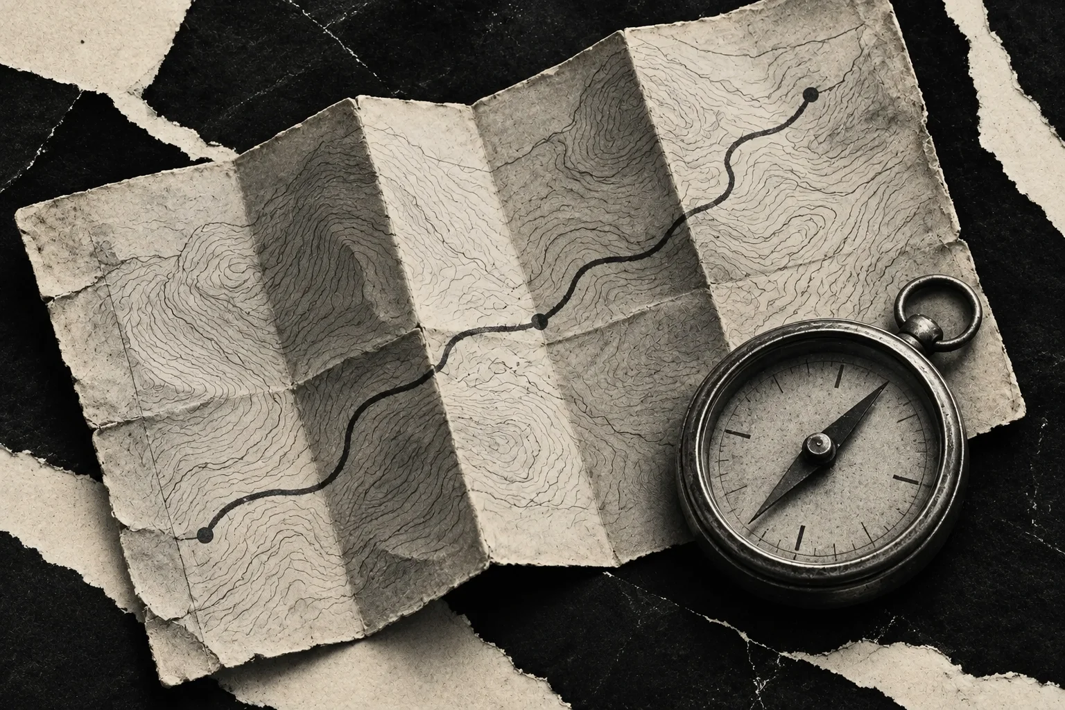 A folded contour map and silver compass in a torn-paper collage.