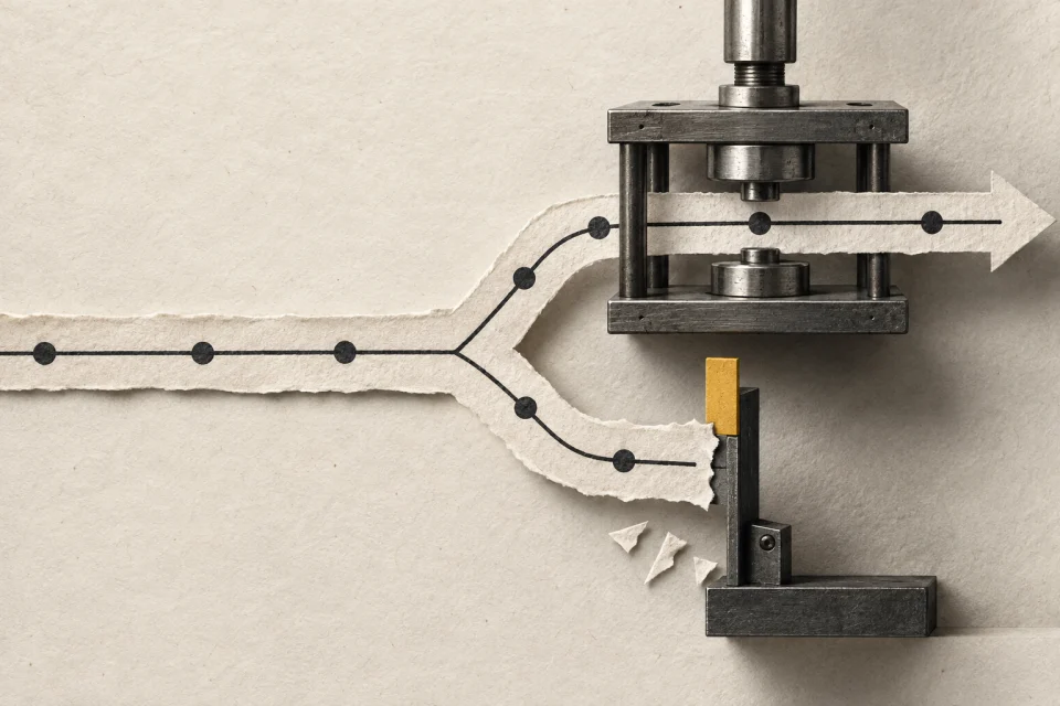 A torn paper route splits at a mechanical test press; one branch continues and the other stops at a yellow gate.