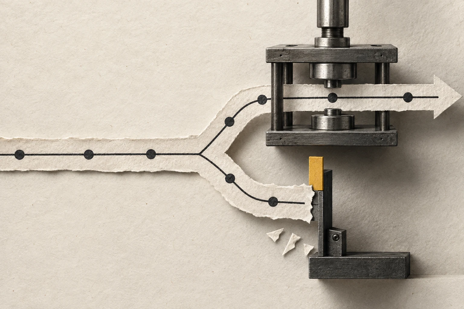 A torn paper route splits at a mechanical test press; one branch continues and the other stops at a yellow gate.