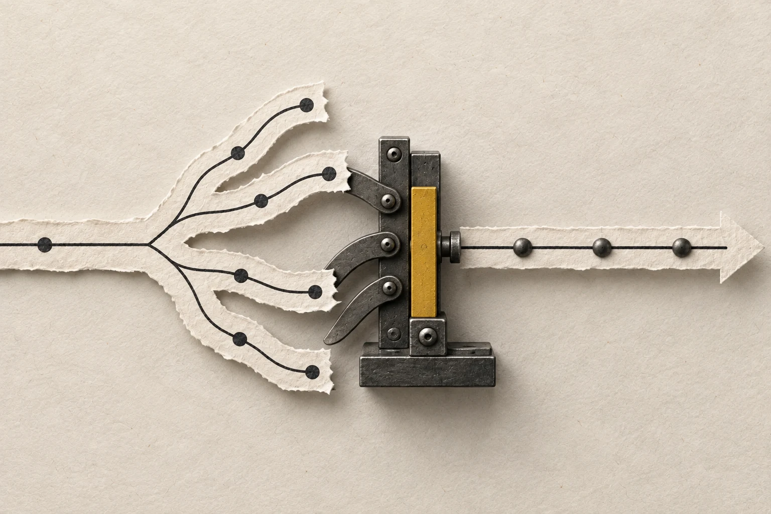 Several torn paper routes carrying uncertain choices pass through a yellow mechanical decision gate and become one marked commitment route.