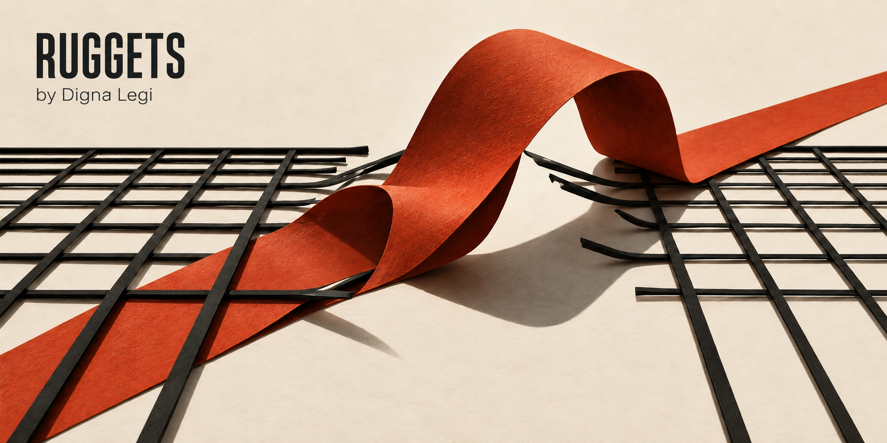 RUGGETS by Digna Legi: a terracotta ribbon breaking free from a rigid black grid.