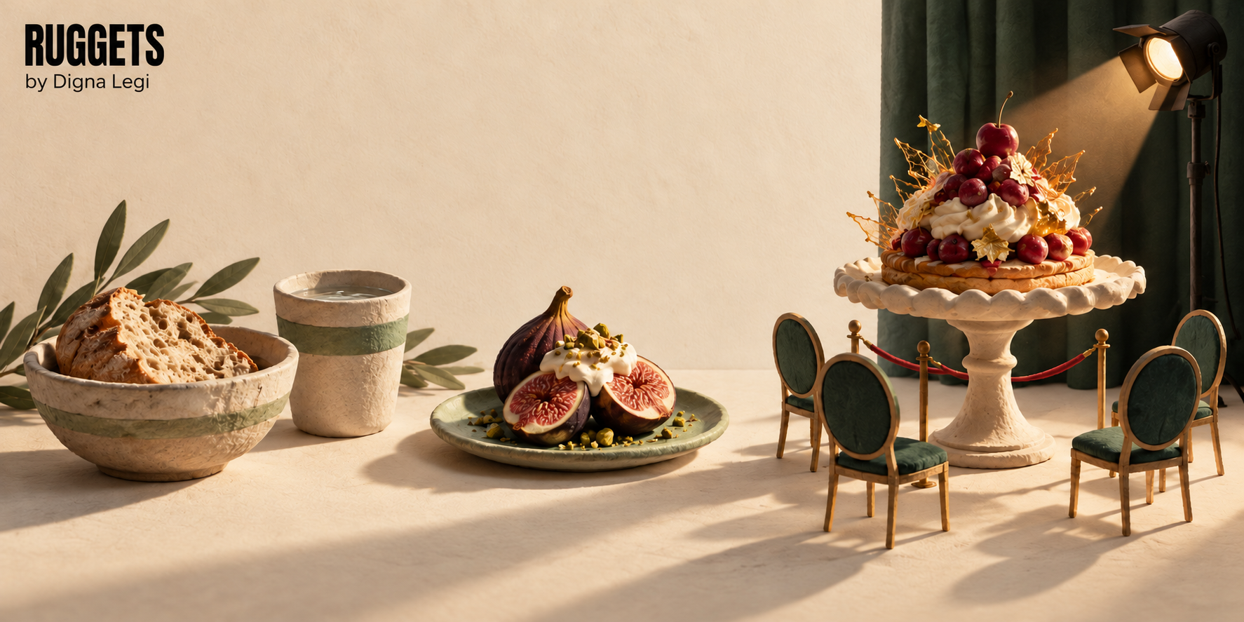 Editorial illustration: bread and water, a fig dessert, and an elaborate cake staged before empty chairs suggest nourishment, pleasure, and imagined admiration.