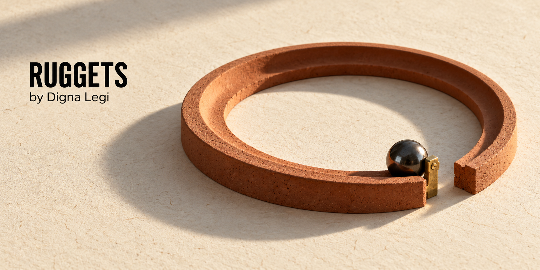 A terracotta loop has a gap in its track; a brass catch supports a metal ball at the break. RUGGETS by Digna Legi.