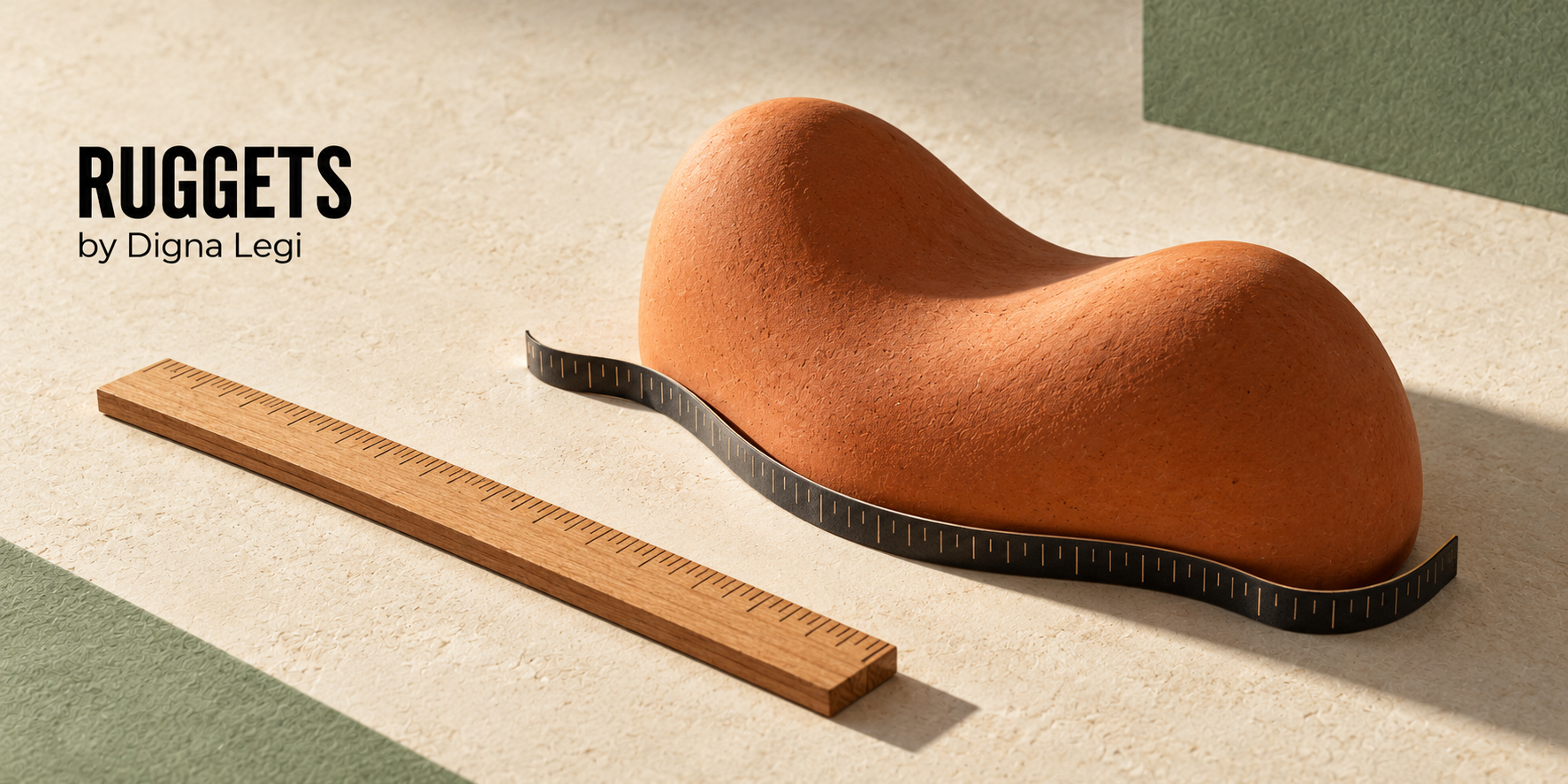A wooden straightedge rests beside an irregular clay form while a flexible strip follows its contours; RUGGETS by Digna Legi.