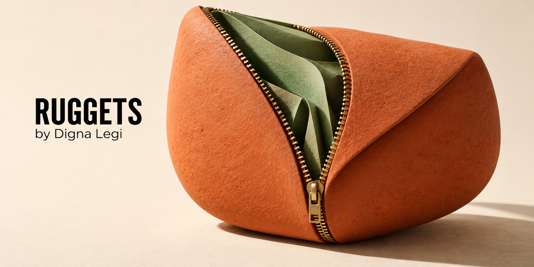 A terracotta shell opened by a zipper reveals folded sage paper. RUGGETS by Digna Legi.