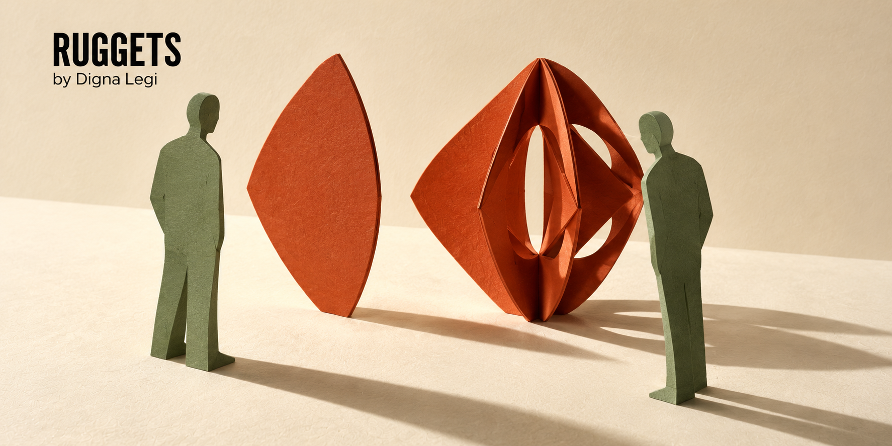 Two paper figures beside a flat terracotta silhouette and an opened folded form, contrasting a repeated belief with an examined structure.